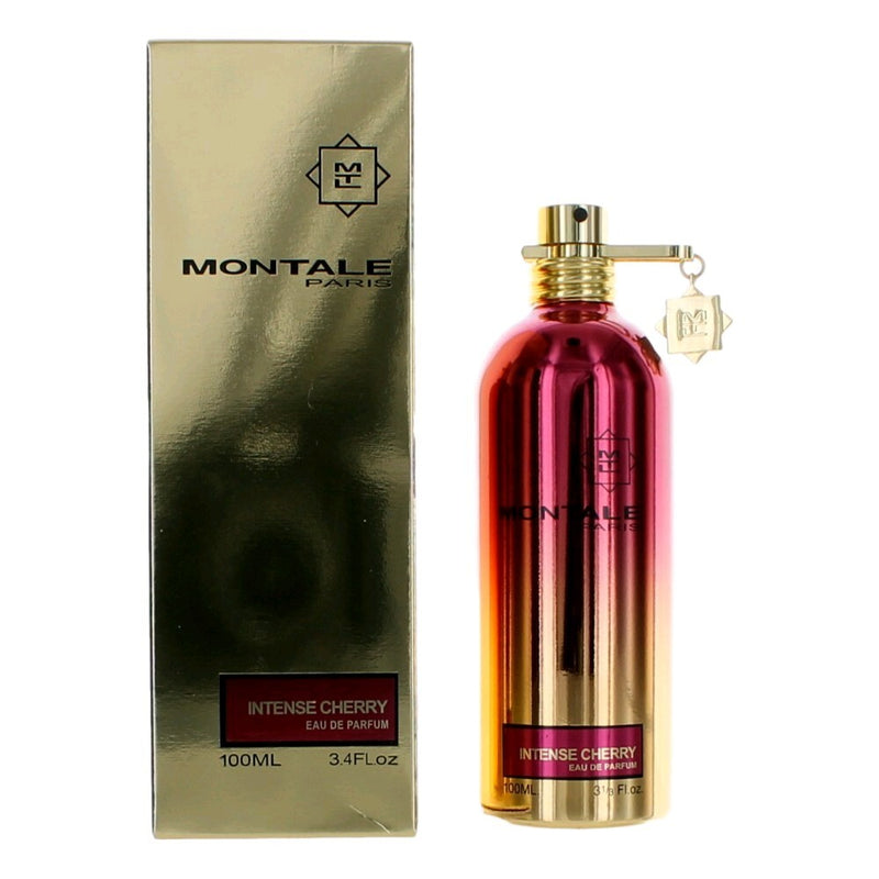Montale Intense Cherry 3.4 oz Eau De Parfum Spray for women with a vibrant cherry fragrance in a sleek bottle.
