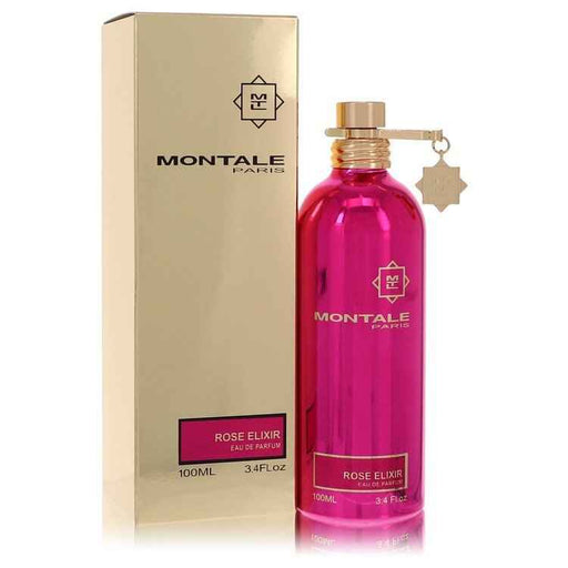 Montale Rose Elixir Eau De Parfum Spray for women, 3.4 oz bottle with elegant floral design and branding.