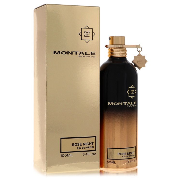 Montale Rose Night Eau De Parfum Spray bottle with a floral design, showcasing 3.4 oz for women and men.