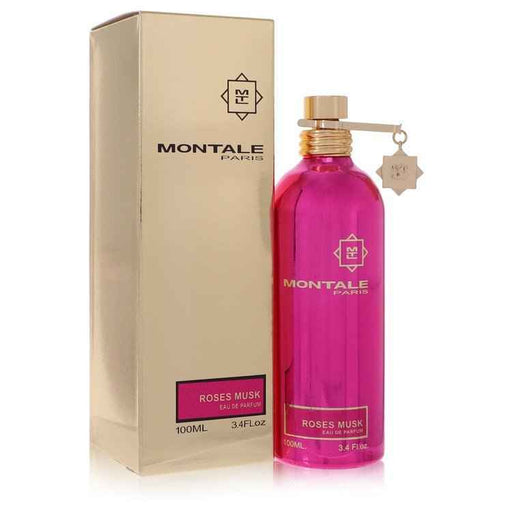 Montale Roses Musk Eau de Parfum spray for women, 3.4 oz, featuring a floral musk fragrance in a sleek bottle.