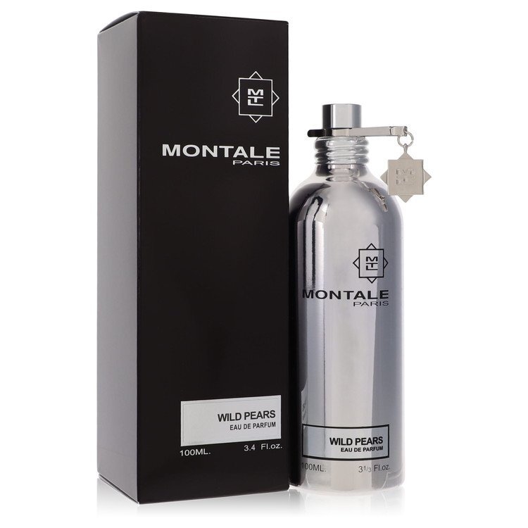 Montale Wild Pears Eau De Parfum Spray 3.3 oz bottle with a sleek design featuring a pear motif.