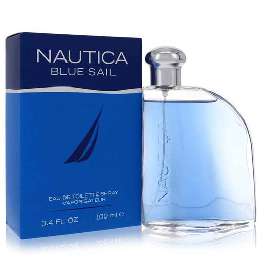 Blue Sail by Nautica men's Eau De Toilette spray in a 3.4 oz bottle, featuring a blue-themed nautical fragrance.