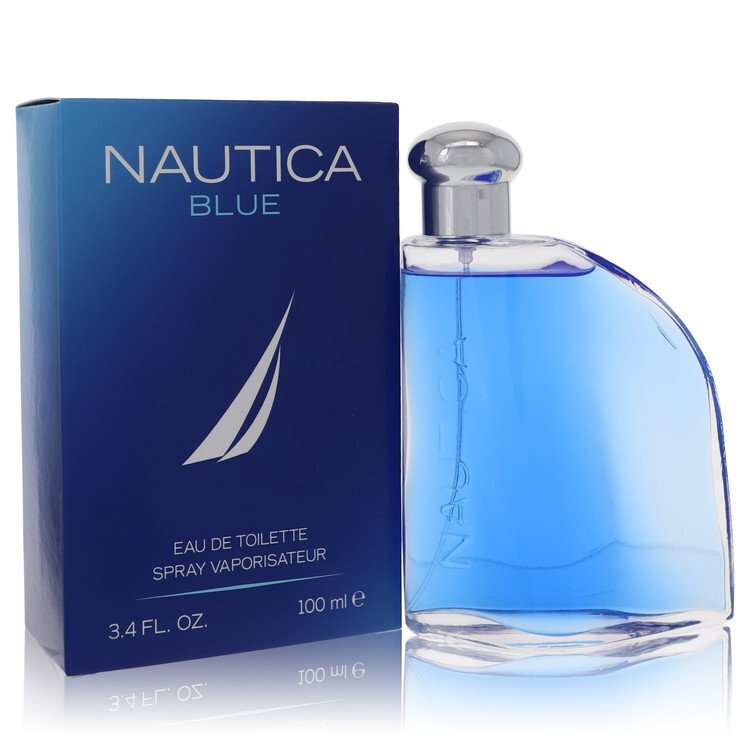 Nautica Blue Eau De Toilette spray for men, 3.4 oz bottle, featuring the Nautica branding and a sleek blue fragrance bottle.