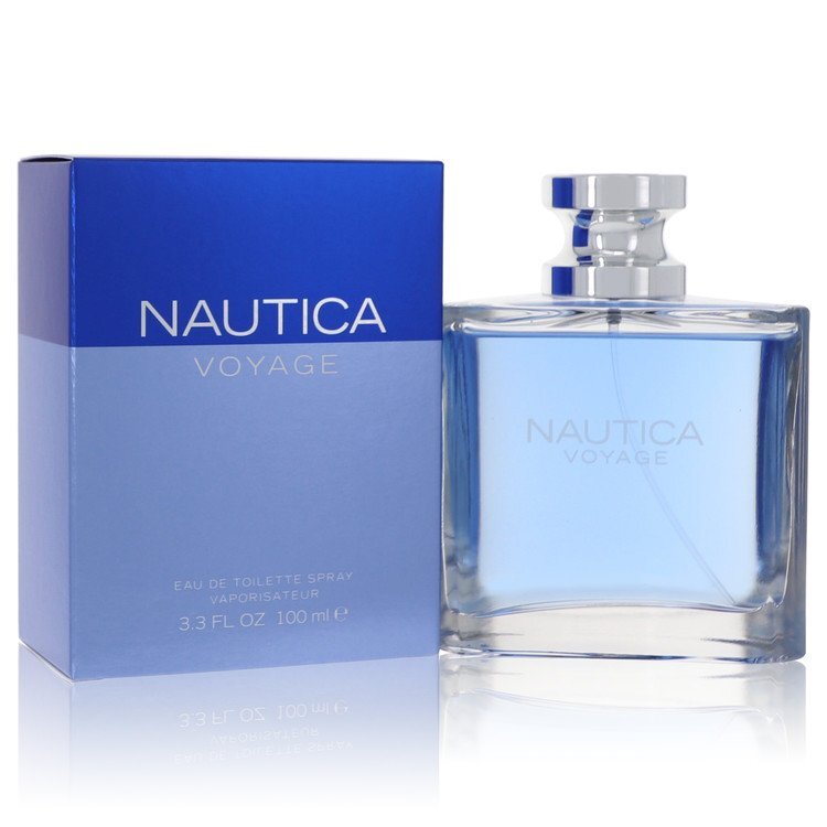 Nautica Voyage Eau De Toilette spray for men, 3.4 oz, featuring the Nautica branding and a sleek bottle design.