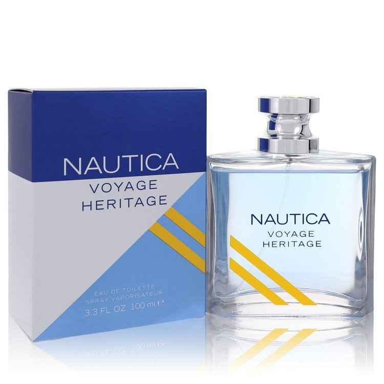Nautica Voyage Heritage Eau de Toilette spray for men, 3.4 oz, featuring the iconic Nautica branding and packaging.
