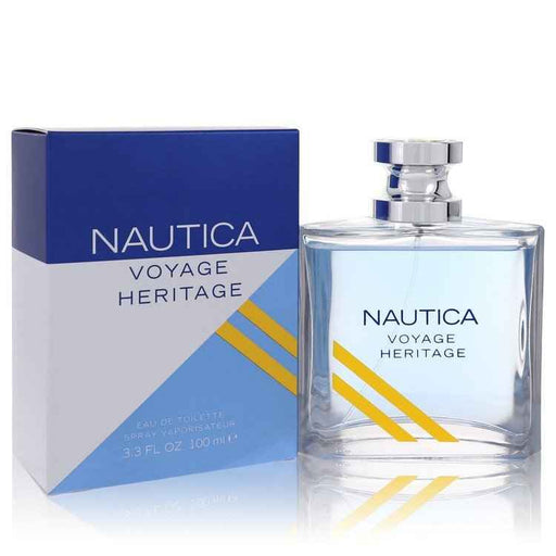 Nautica Voyage Heritage Eau de Toilette spray for men, 3.4 oz, featuring the iconic Nautica branding and packaging.