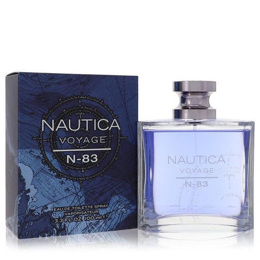 Nautica Voyage N-83 Eau De Toilette Spray 3.4 oz for men, featuring a sleek bottle and nautical-themed design.