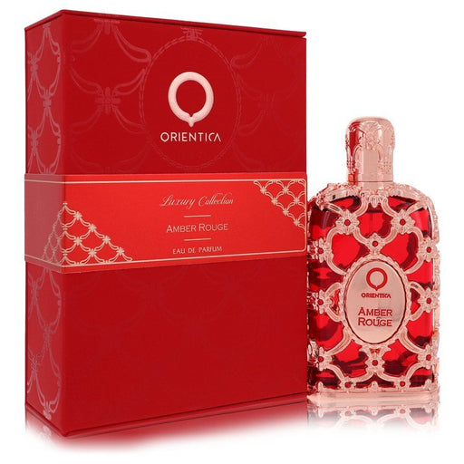 Amber Rouge by Orientica Eau De Parfum spray 2.7 oz for men and unisex, featuring a warm amber fragrance in a stylish bottle.