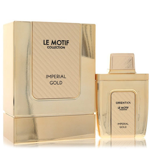 Orientica Le Motif Imperial Gold men's Eau De Parfum spray, 2.9 oz, featuring elegant gold packaging and a sophisticated scent.