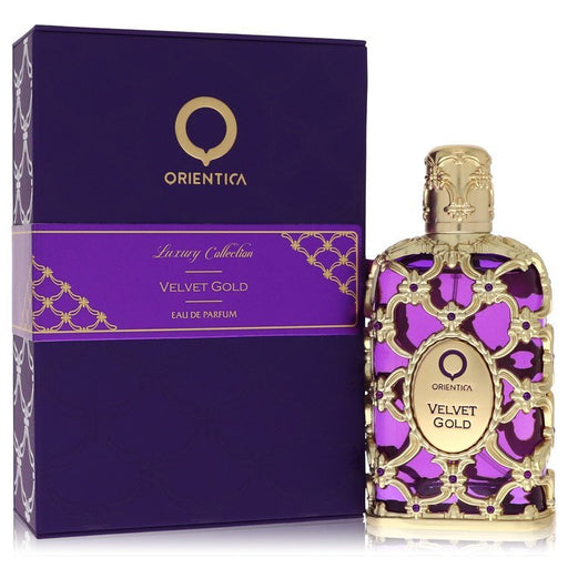 Velvet Gold Eau de Parfum spray by Orientica, 2.7 oz, featuring elegant gold packaging, suitable for women and unisex use.