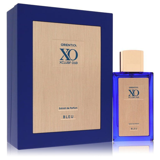 Orientica XO Xclusif Oud Bleu unisex extrait de parfum bottle with sleek design, 2 oz size, showcasing elegant branding.
