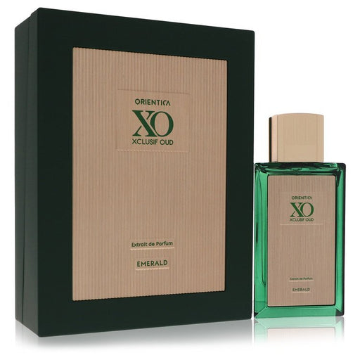 Orientica XO Xclusif Oud Emerald perfume bottle with elegant design, suitable for men and unisex, 2 oz extrait de parfum.