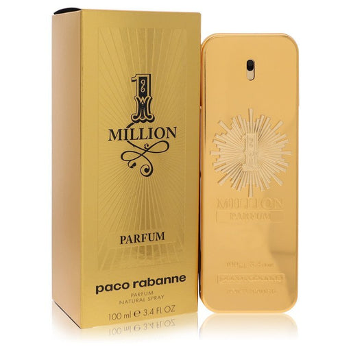 Paco Rabanne 1 Million men's parfum spray bottle, 3.4 oz, with gold and metallic design, on a white background.