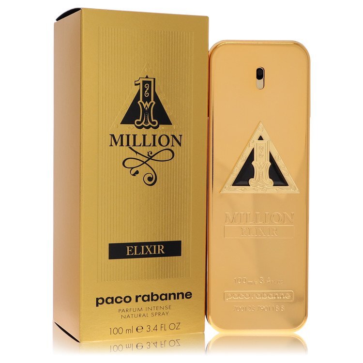 A gold rectangular perfume bottle and its matching gold box of Paco Rabanne 1 Million Elixir are standing upright against a white background, with black text and a triangular logo featuring the number 1 on both the packaging and the bottle.