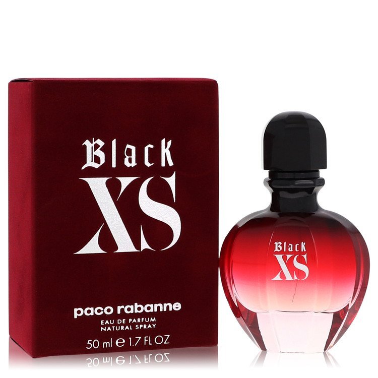 Black XS by Paco Rabanne Eau De Parfum Spray in new packaging, 1.7 oz bottle for women on a neutral background.