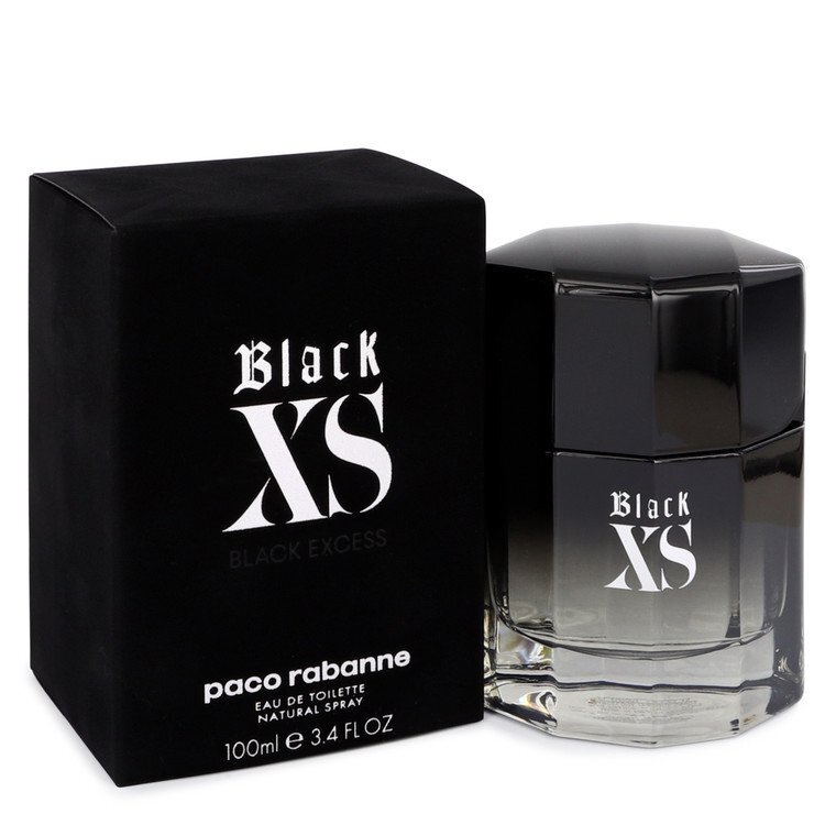 Black XS Paco Rabanne Eau De Toilette spray for men, 3.4 oz, featuring sleek black packaging and modern design.