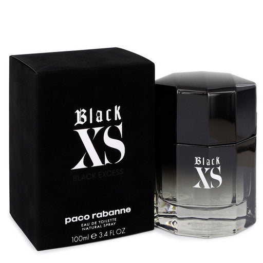 Black XS Paco Rabanne Eau De Toilette spray for men, 3.4 oz, featuring sleek black packaging and modern design.
