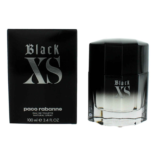 Black XS by Paco Rabanne Eau De Toilette spray for men, 3.4 oz bottle with sleek black packaging.