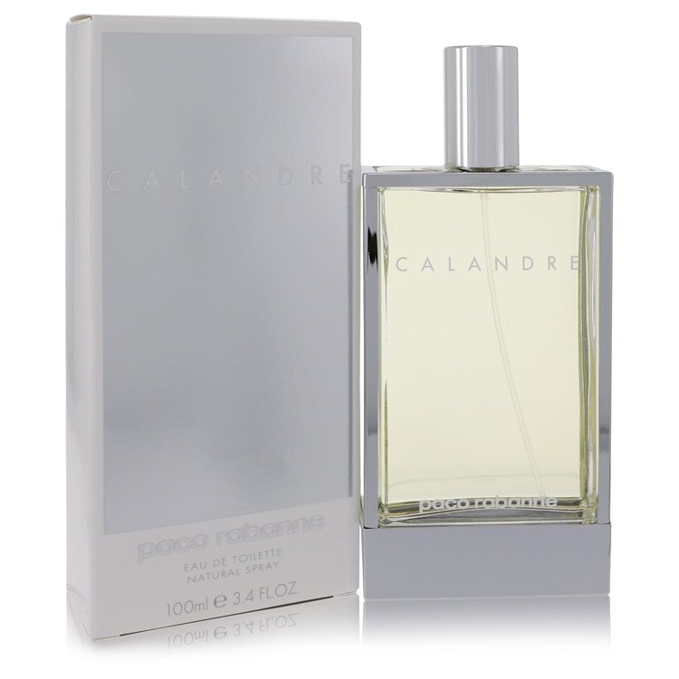 Paco Rabanne Calandre Eau De Toilette spray for women, 3.4 oz bottle with elegant packaging and floral scent.