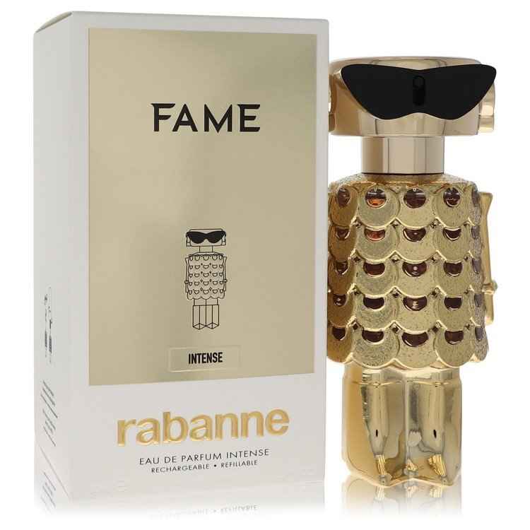 Fame Intense by Paco Rabanne Eau de Parfum spray for women, 2.7 oz, featuring a sleek perfume bottle with gold accents.