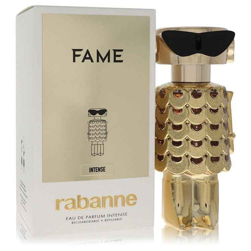 Fame Intense by Paco Rabanne Eau de Parfum spray for women, 2.7 oz, featuring a sleek perfume bottle with gold accents.