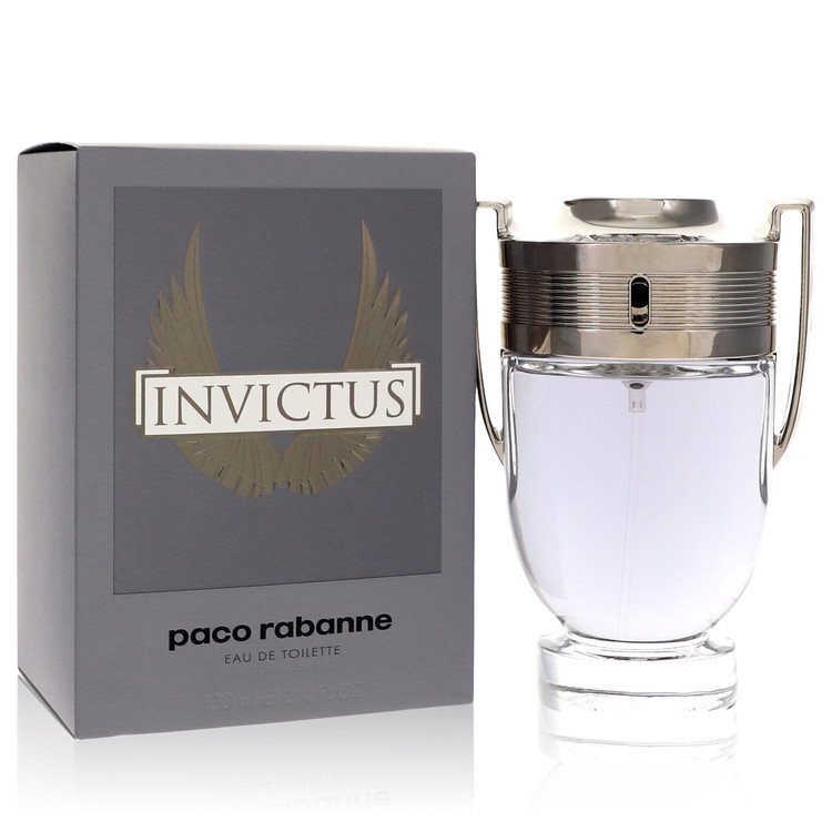 Invictus by Paco Rabanne men's Eau de Toilette spray in 3.4 oz bottle, featuring sleek packaging with the fragrance and brand logo.