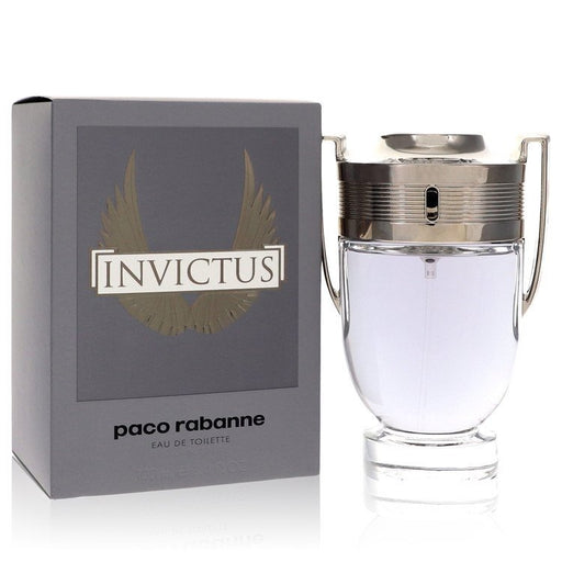Invictus by Paco Rabanne men's Eau de Toilette spray in 3.4 oz bottle, featuring sleek packaging with the fragrance and brand logo.