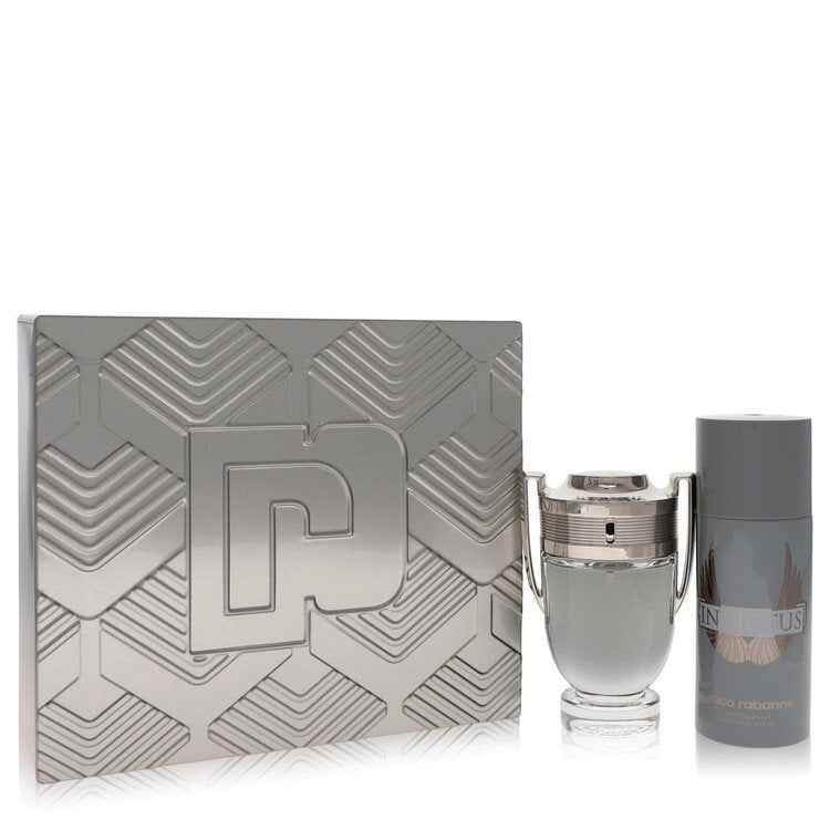 Invictus by Paco Rabanne gift set for men, featuring a fragrance bottle and matching accessories.