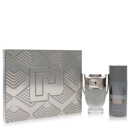 Invictus by Paco Rabanne gift set for men, featuring a fragrance bottle and matching accessories.