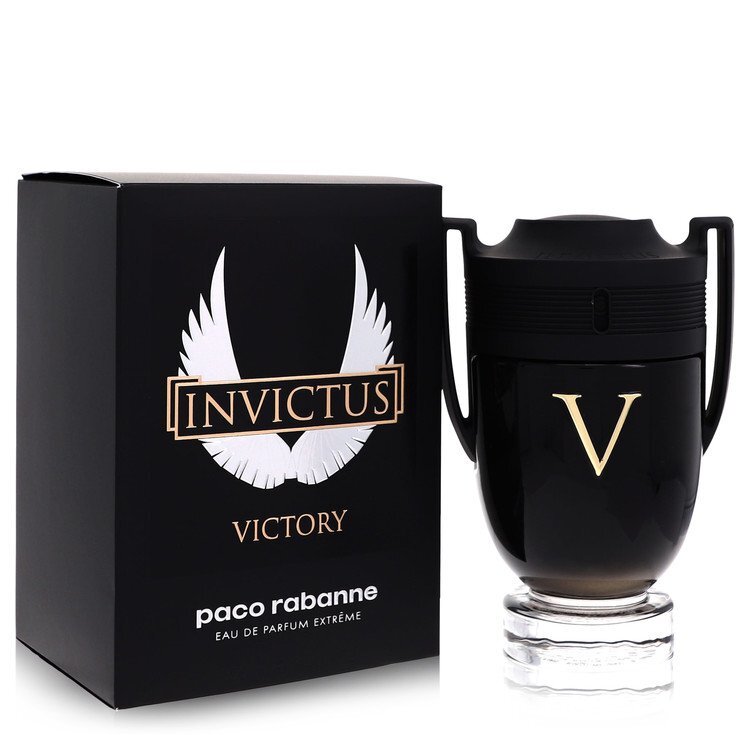 Invictus Victory by Paco Rabanne, 3.4 oz Eau De Parfum spray bottle for men against a neutral background.