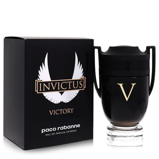 Invictus Victory by Paco Rabanne, 3.4 oz Eau De Parfum spray bottle for men against a neutral background.