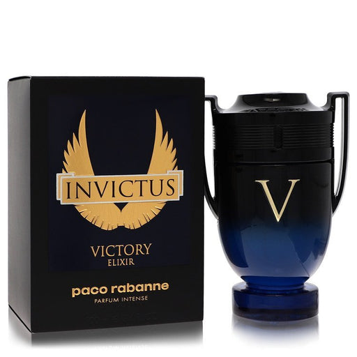 Invictus Victory Elixir perfume by Paco Rabanne for men, 3.4 oz parfum intense spray, with sleek bottle design.