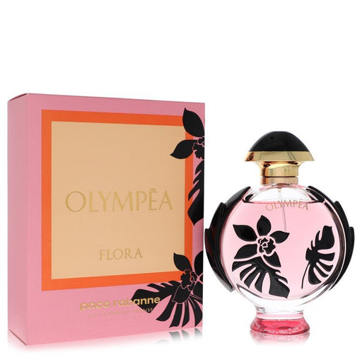 Paco Rabanne Olympea Flora Eau De Parfum Intense spray 2.7 oz for women, featuring a floral perfume bottle with elegant design.