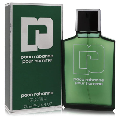 Paco Rabanne Eau de Toilette spray for men, 3.4 oz bottle, with sleek glass design and Paco Rabanne branding visible.
