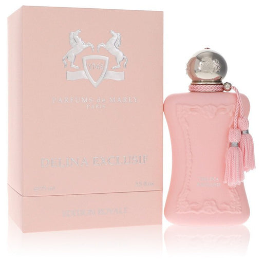 Delina Exclusif by Parfums De Marly Eau De Parfum spray for women, 2.5 oz bottle with elegant floral design.