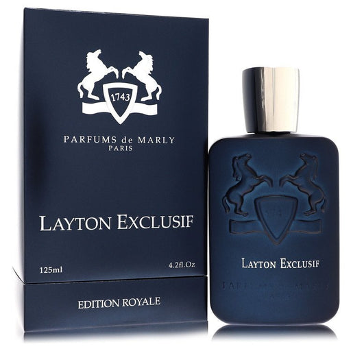 Layton Exclusif by Parfums De Marly Eau De Parfum spray for men, 4.2 oz, featuring elegant bottle design and luxurious fragrance.