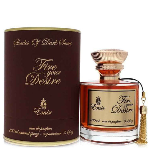 Emir Fire Your Desire Eau de Parfum spray by Paris Corner, 3.4 oz, unisex fragrance with warm, spicy scent, shown in a sleek bottle.