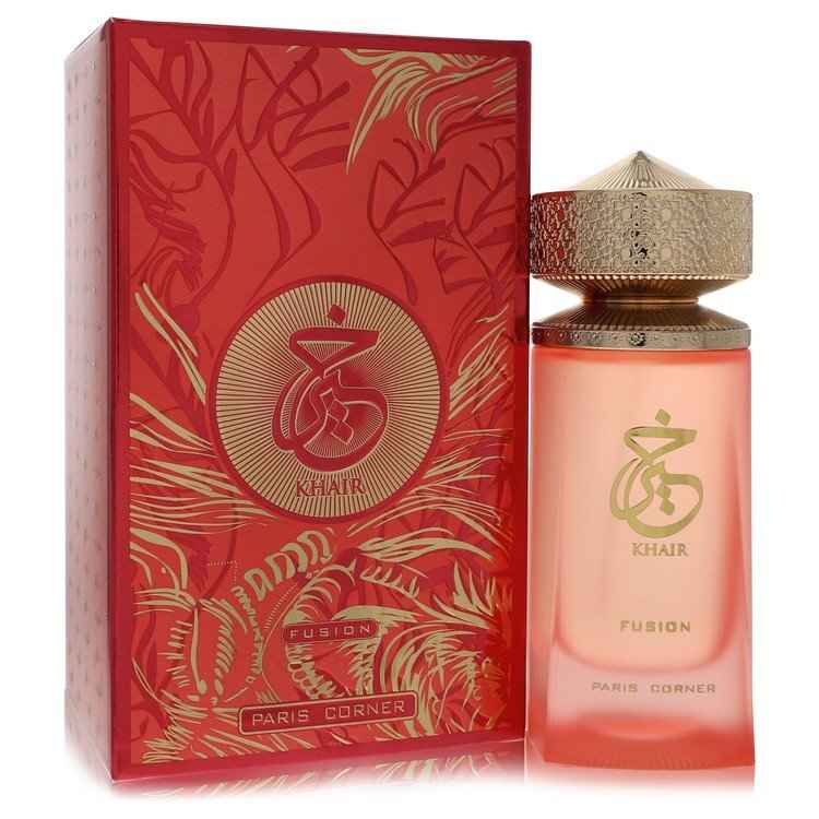 Khair Fusion Eau De Parfum spray by Paris Corner, 3.4 oz, unisex fragrance with a sleek bottle design.