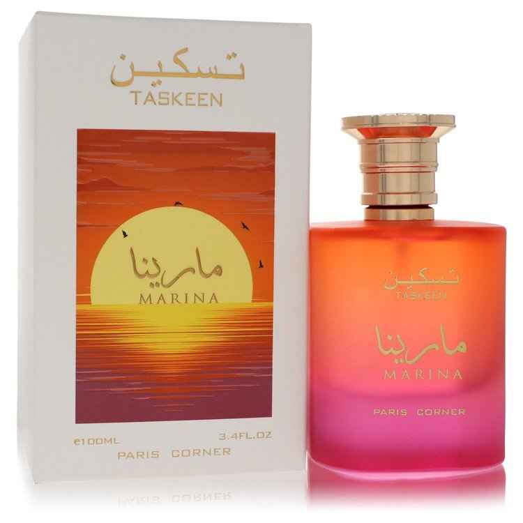 Taskeen Marina Eau De Parfum Spray by Paris Corner, 3.4 oz, for men and unisex, with elegant bottle design and fragrance details.