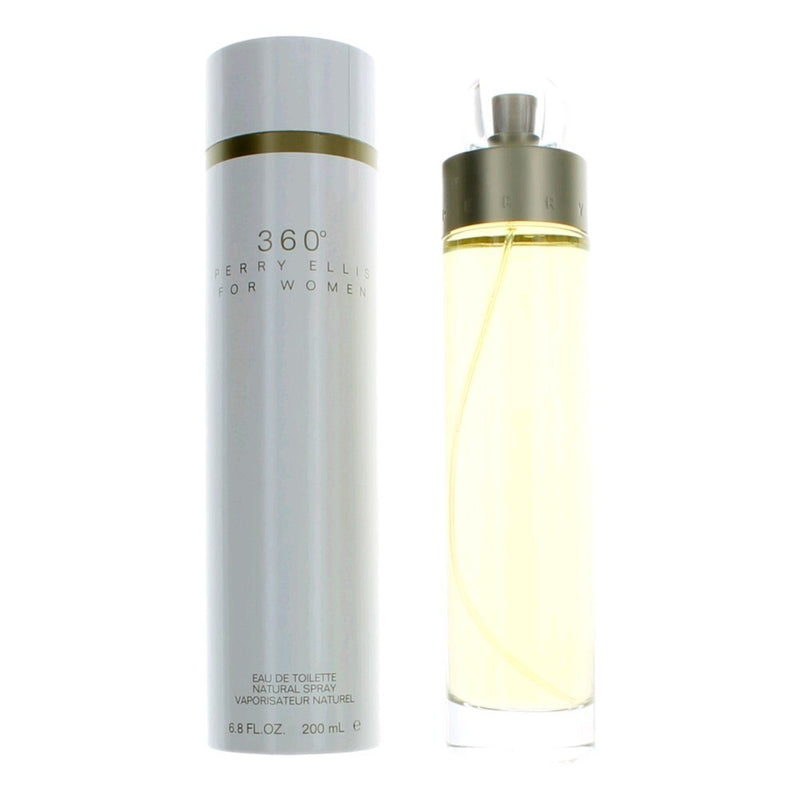 Perry Ellis 360 women’s Eau De Toilette spray bottle, 6.8 oz, with a sleek, transparent design and silver cap.