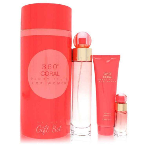 Perry Ellis 360 Coral gift set for women includes perfume bottle and matching body lotion in elegant packaging.