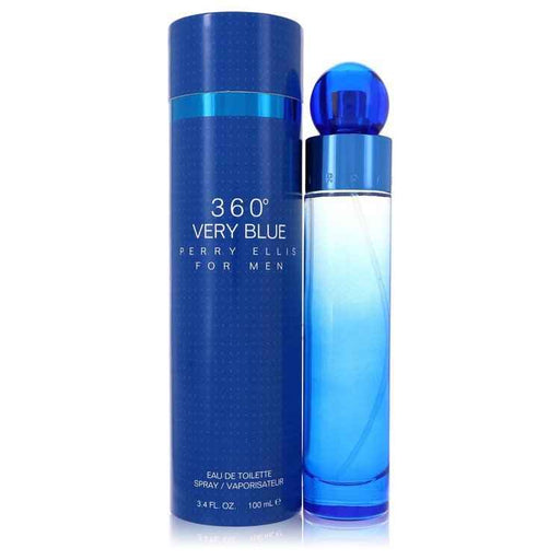 Perry Ellis 360 Very Blue Eau de Toilette spray for men, 3.4 oz bottle, featuring a sleek blue design