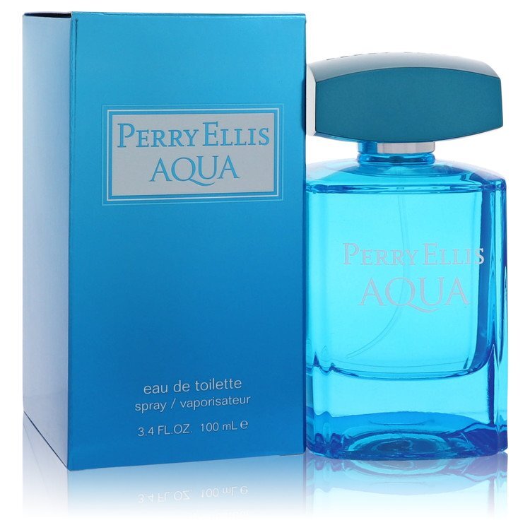 Perry Ellis Aqua Eau De Toilette Spray 3.4 oz for men, featuring a sleek bottle design with a blue theme.