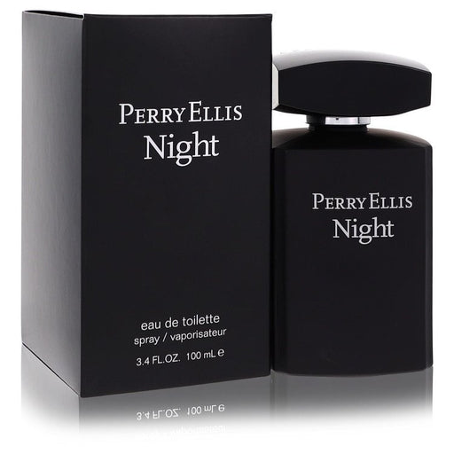 Perry Ellis Night Eau De Toilette spray for men, 3.4 oz bottle, with dark fragrance liquid and sleek black cap.