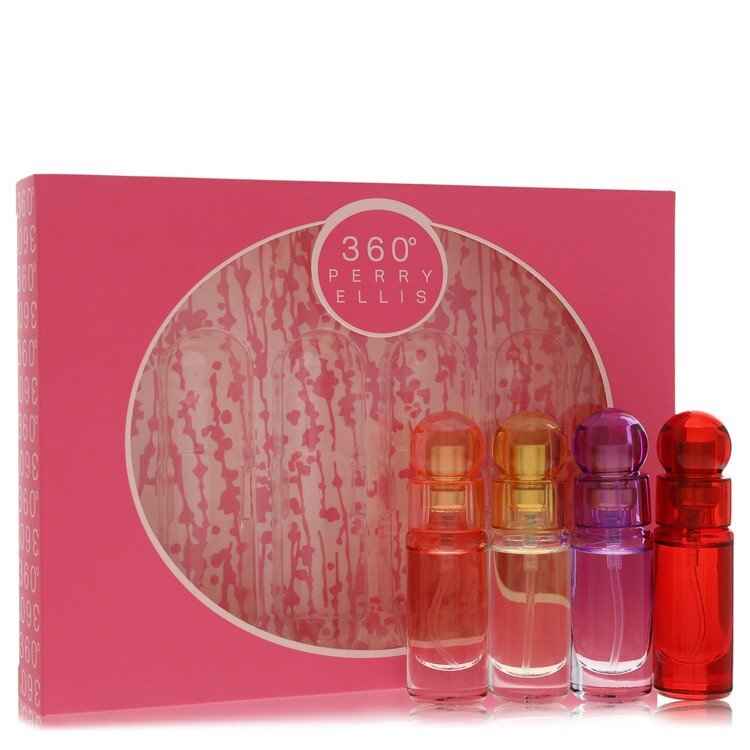 Perry Ellis 360 women’s 4-piece gift set includes perfume bottles, lotion, and body wash in elegant packaging.