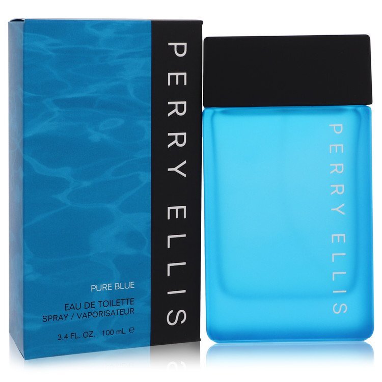 Pure Blue by Perry Ellis men's Eau De Toilette spray, 3.4 oz bottle, with sleek packaging and blue accents.