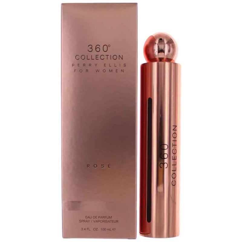 Perry Ellis 360 Rose Collection Eau De Parfum spray for women, 3.4 oz, featuring a floral fragrance bottle with pink accents.