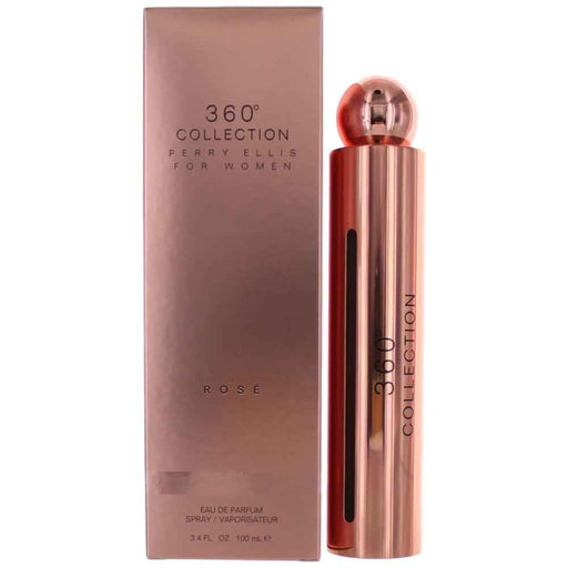 Perry Ellis 360 Rose Collection Eau De Parfum spray for women, 3.4 oz, featuring a floral fragrance bottle with pink accents.
