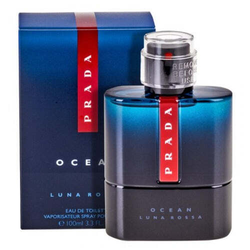 Men's Prada Luna Rossa Ocean Eau de Toilette 1.7 oz bottle, sleek design with navy and silver accents.
