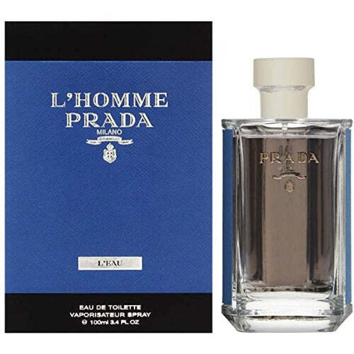 Prada L'homme L'eau men's cologne spray in a sleek 3.3 oz bottle with a minimalist design.